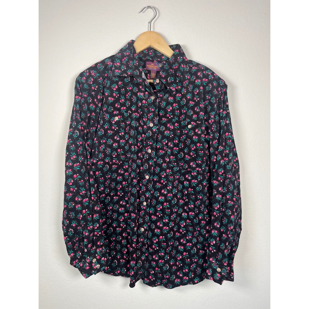 The Harbour Gate Collection Vintage Floral Corduroy Button Down Shirt Black L